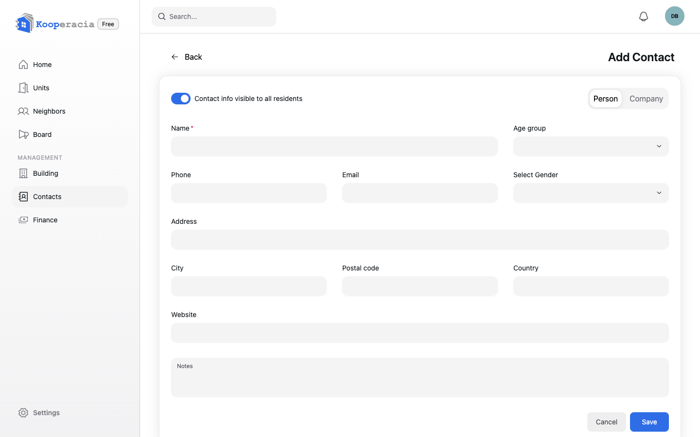 Contact with visibility options