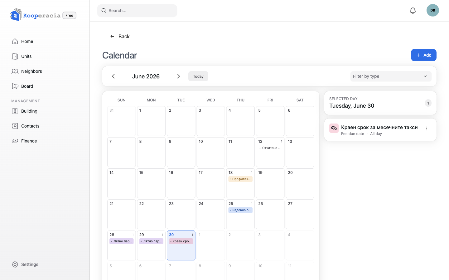 The calendar with events